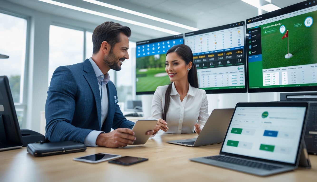 Seorang pria dan wanita di kantor modern sedang melihat data taruhan golf di layar komputer dan perangkat digital lainnya.