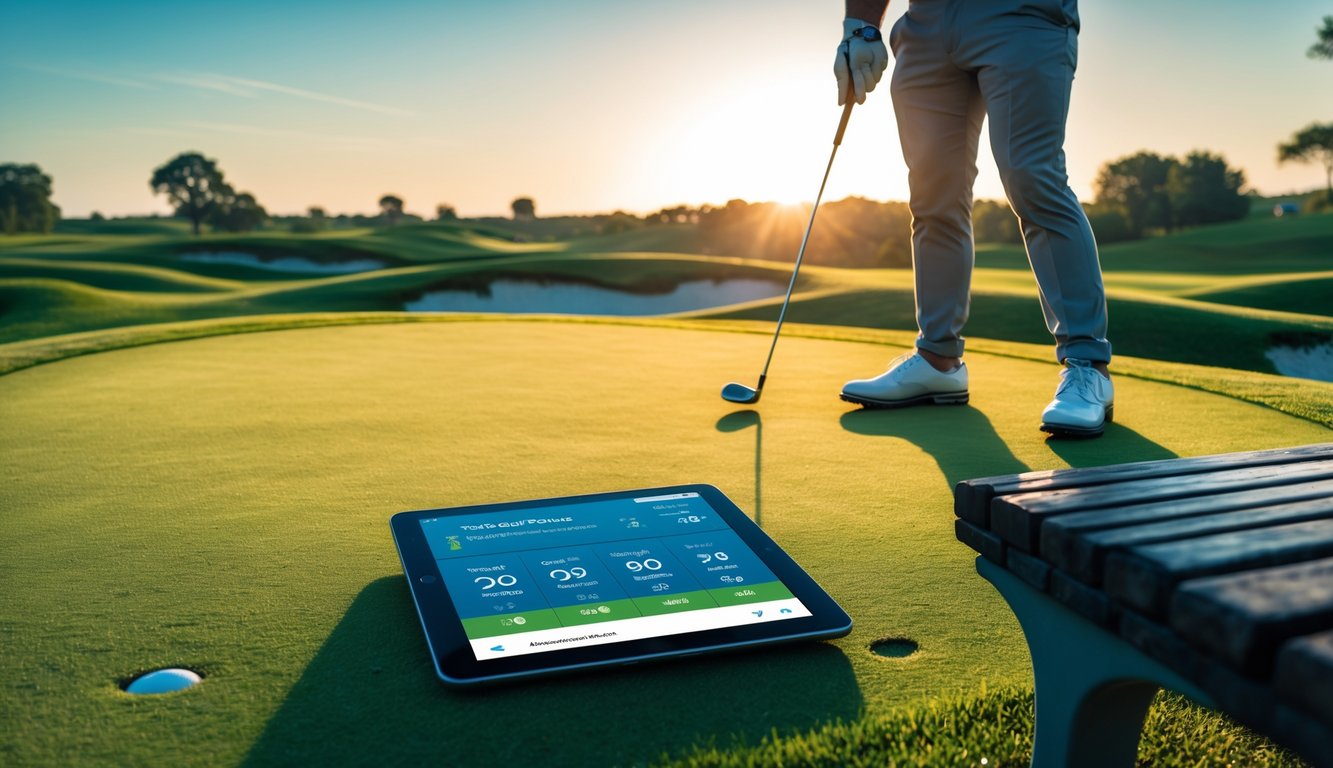 Seorang pegolf berdiri di lapangan golf hijau saat matahari terbit, memegang stik golf dengan tablet menampilkan statistik golf di bangku kayu di dekatnya.
