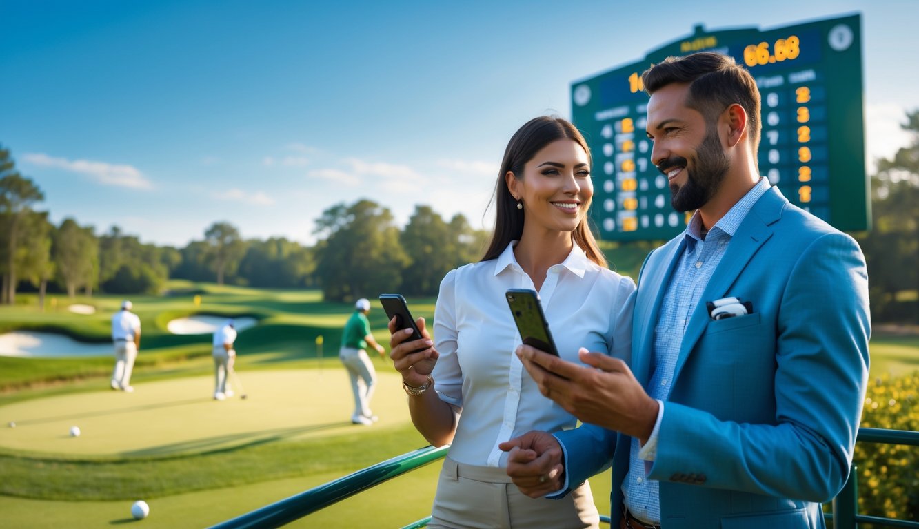 Dua orang berdiri di dekat papan skor lapangan golf sambil melihat ponsel mereka dengan latar belakang lapangan golf hijau dan pemain golf sedang bermain.