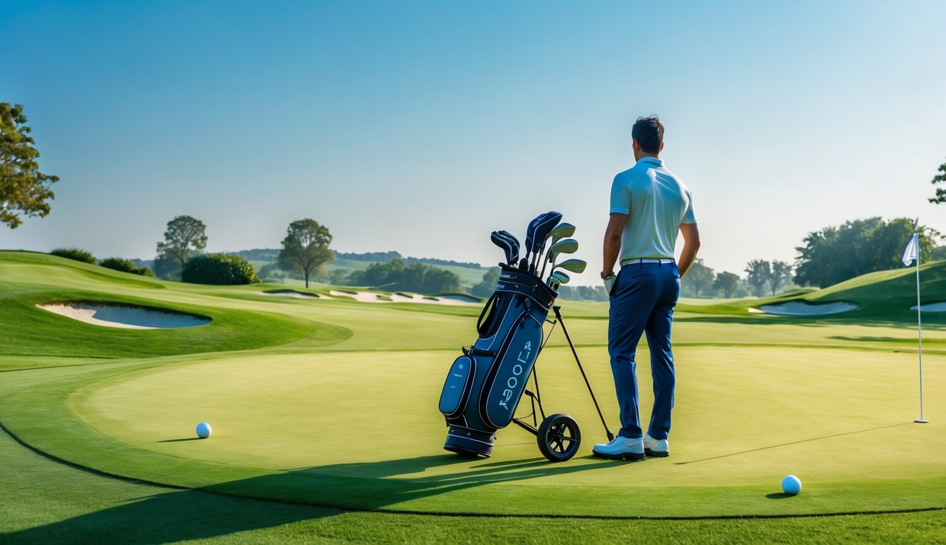 Pemandangan lapangan golf yang hijau dan rapi dengan seorang pemain golf sedang bersiap mengambil pukulan.