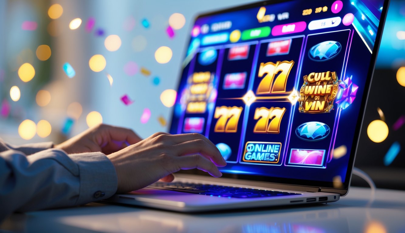 Seorang pengguna sedang bermain permainan slot online di komputer dengan tampilan layar yang berwarna-warni dan menarik.