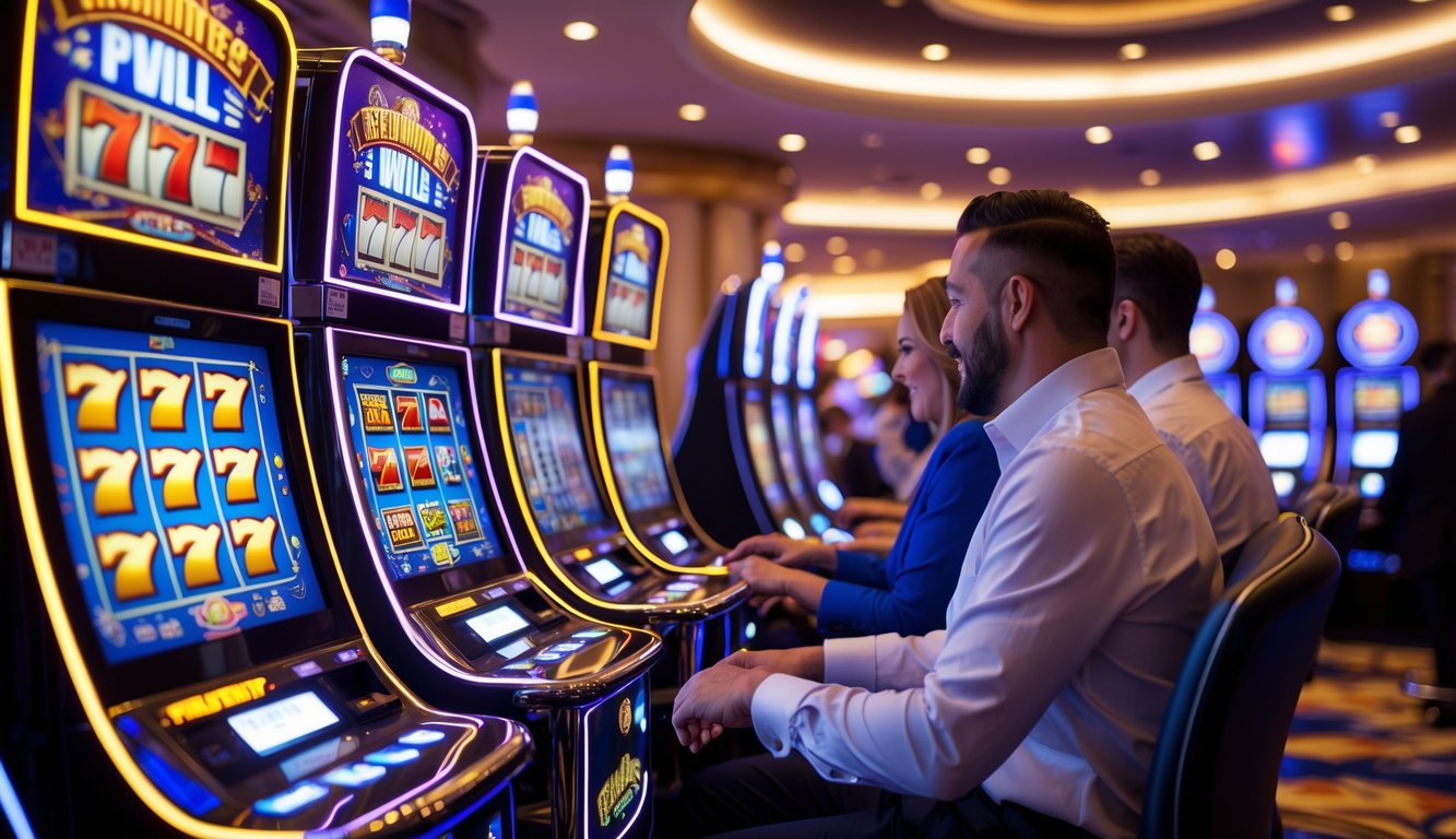 Suasana kasino modern dengan mesin slot berwarna-warni dan orang-orang bermain dengan antusias.