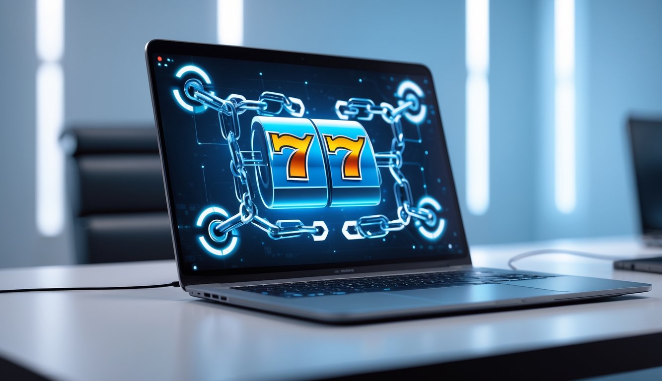 Sebuah laptop di atas meja minimalis dengan layar menampilkan grafik mesin slot digital dan ikon rantai yang saling terhubung.