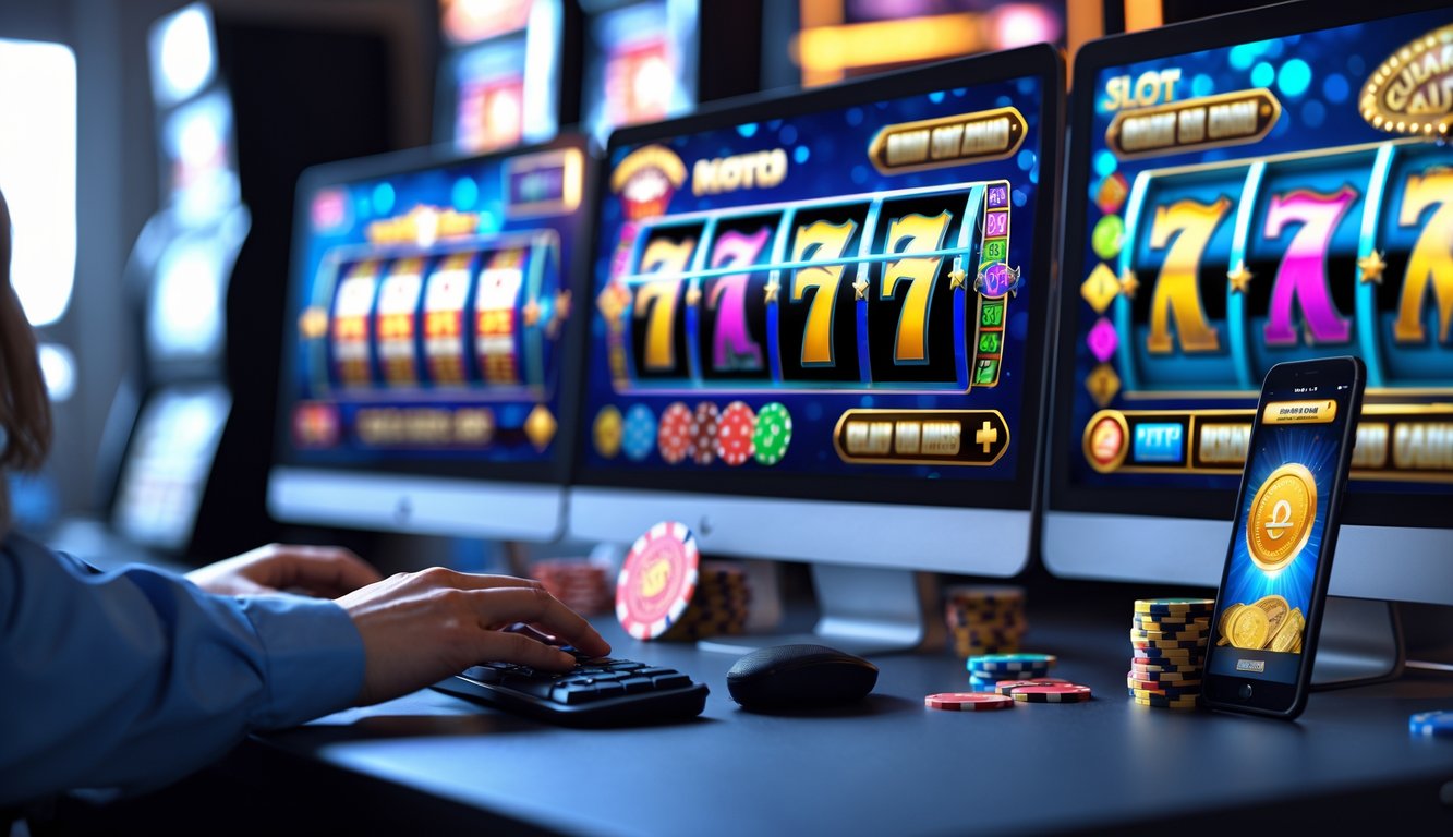 Seseorang bermain permainan slot online di komputer dengan layar menampilkan grafik mesin slot berwarna-warni.