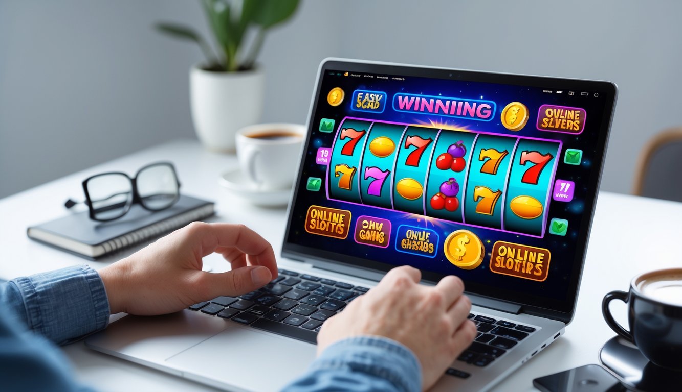 Seseorang menggunakan laptop dengan permainan slot online yang berwarna-warni di layar di atas meja kerja yang rapi