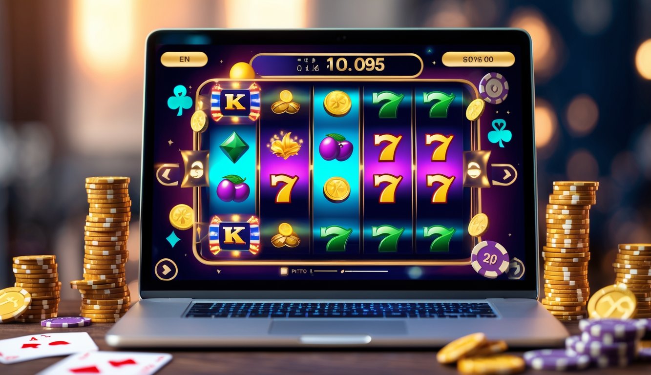 Sebuah komputer menampilkan permainan slot online dengan simbol keberuntungan dan tumpukan chip poker di sekitarnya.