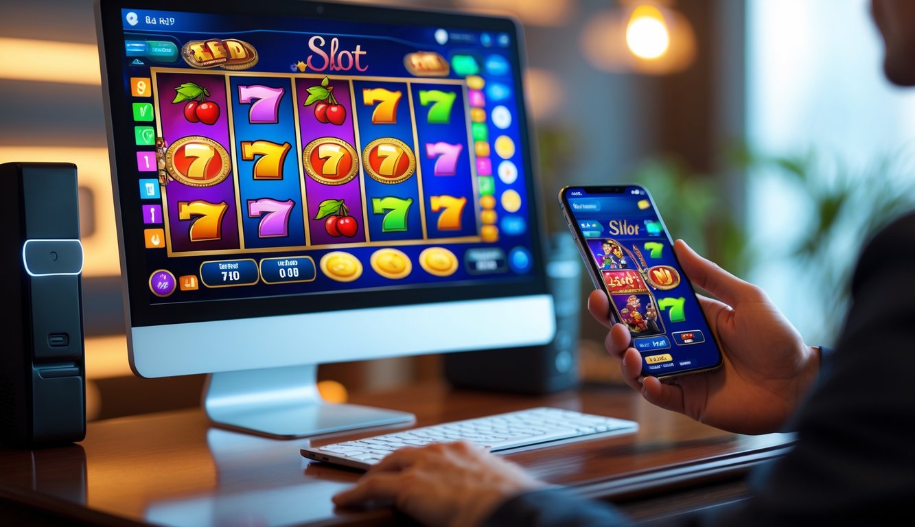 Tampilan layar komputer dan ponsel yang menampilkan permainan slot online terbaru dengan simbol warna-warni, di atas meja kayu dengan tangan seseorang yang sedang menggunakan ponsel.
