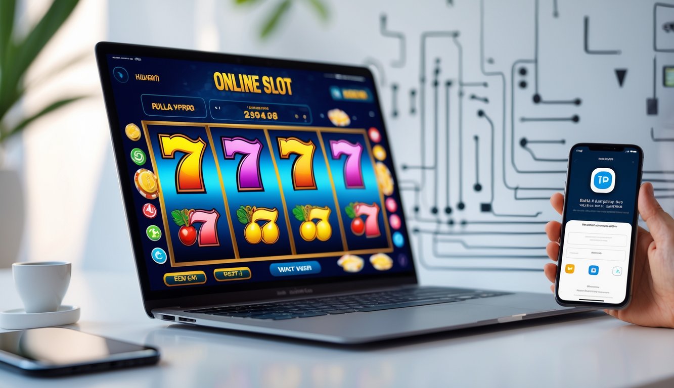 Seorang pengguna sedang bermain slot online di laptop dengan ponsel yang menampilkan aplikasi pembayaran pulsa di meja kerja.