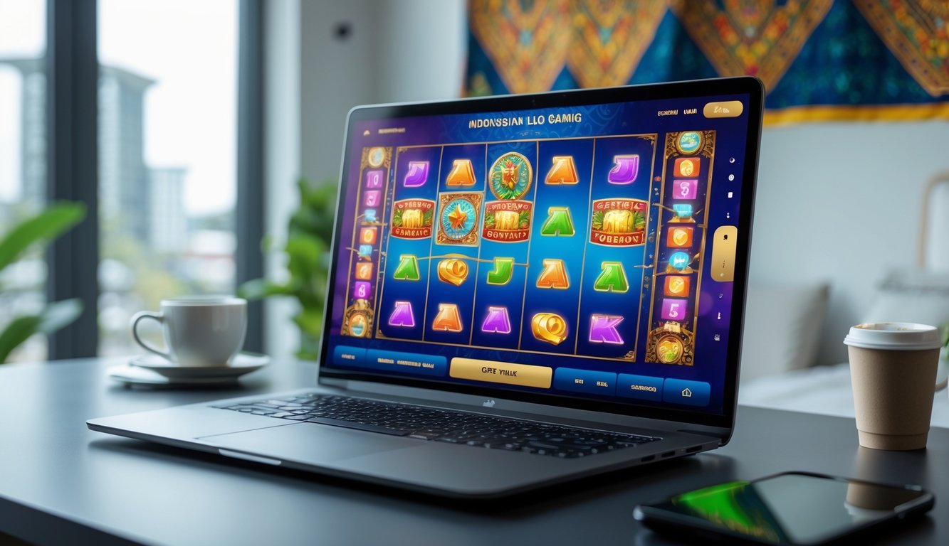 Sebuah komputer menampilkan permainan slot online dengan latar belakang elemen budaya Indonesia di ruang kerja yang rapi.