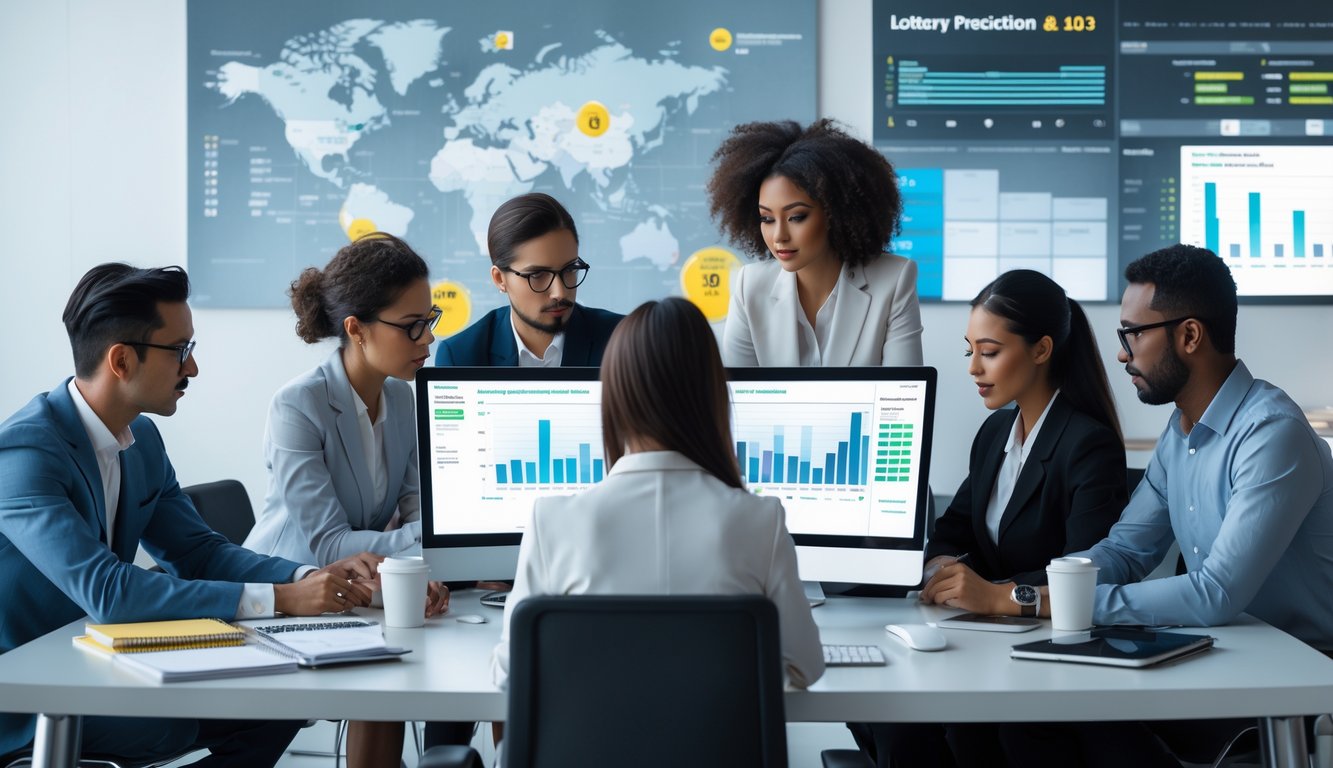 Sekelompok profesional bekerja bersama di kantor modern dengan komputer yang menampilkan data dan grafik prediksi togel.