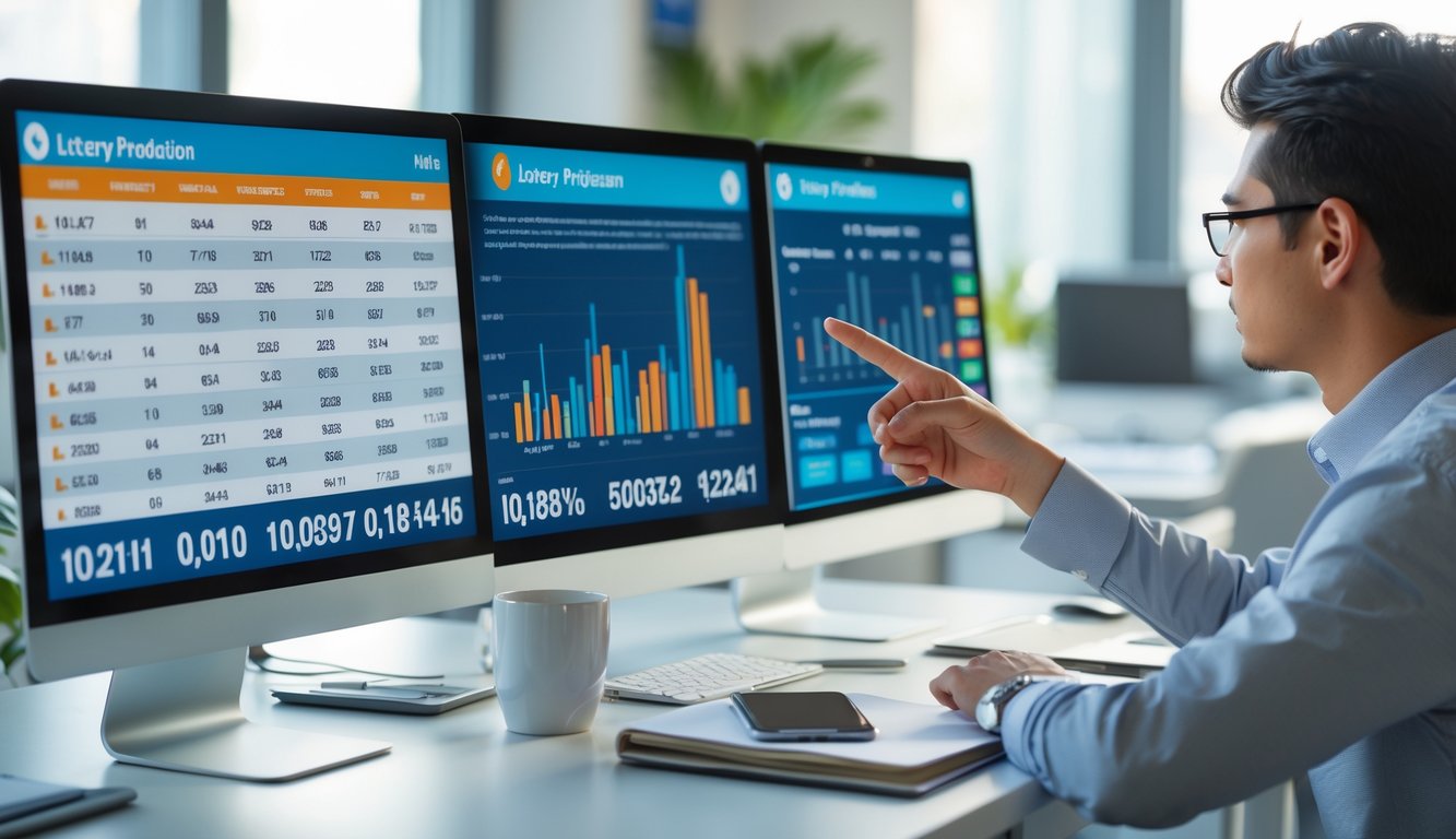 Seseorang sedang menganalisis data prediksi togel di depan beberapa layar komputer di ruang kerja yang rapi.