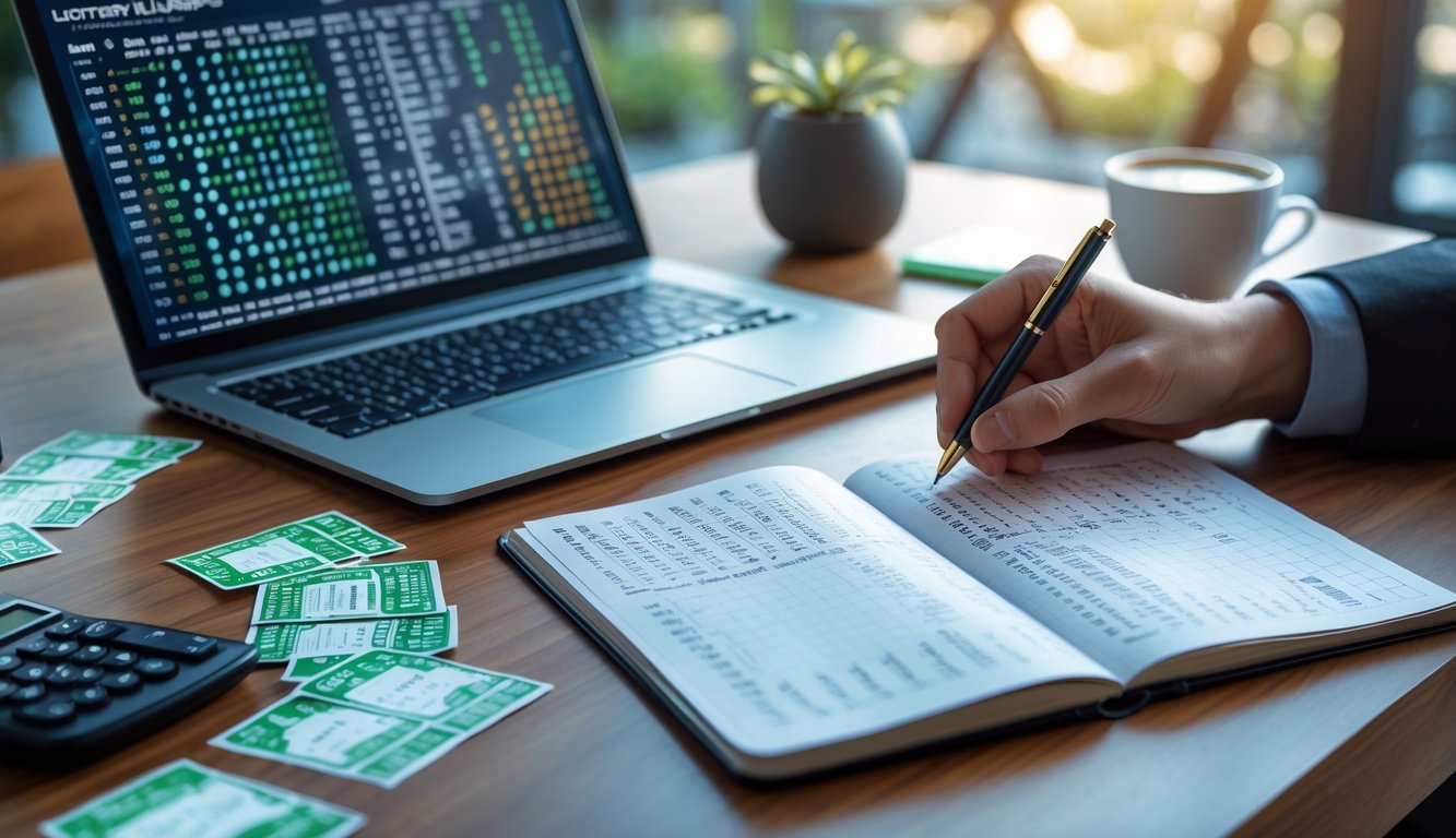 Meja kerja dengan laptop, buku catatan berisi angka, tiket lotre, kalkulator, dan secangkir kopi.