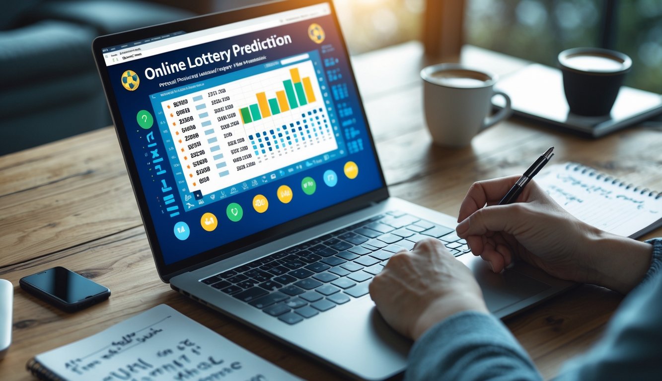 Seseorang sedang menganalisis prediksi togel online di depan laptop di meja kerja dengan alat tulis dan kopi.