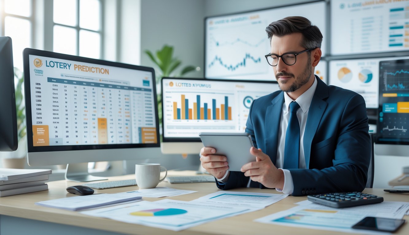 Seorang profesional sedang menganalisis angka togel di kantor modern dengan layar komputer dan alat tulis di meja.