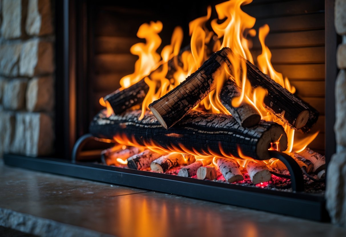 Close-up of a wood burning fireplace with bright flames and glowing embers inside a stone and metal fireplace.