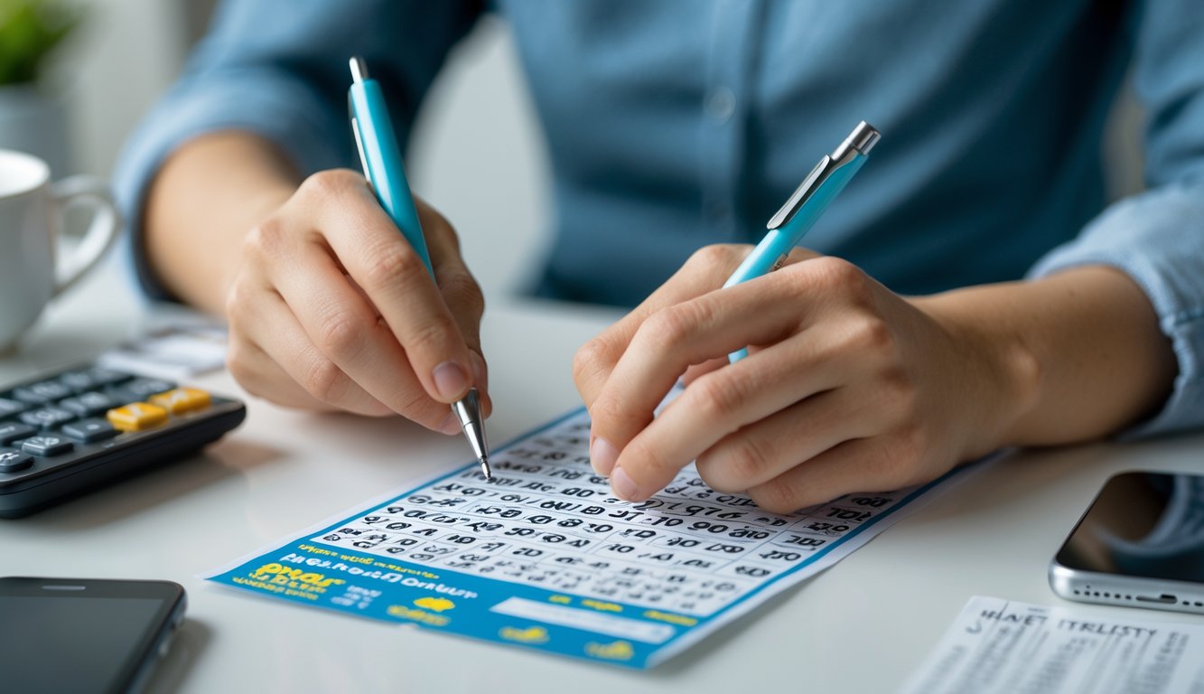 Tangan seseorang sedang menandai angka pada tiket togel di atas meja dengan kalkulator dan cangkir kopi di sampingnya.