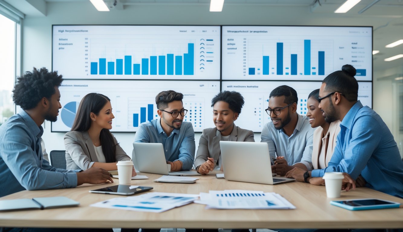Sekelompok orang sedang berdiskusi serius di meja kantor dengan laptop dan grafik angka di layar di latar belakang.