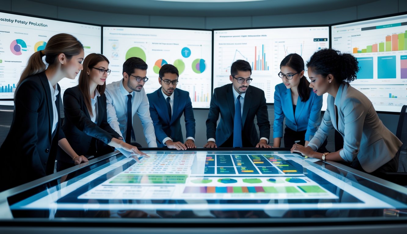 Sekelompok profesional bekerja bersama di kantor modern dengan layar digital menampilkan data dan grafik prediksi togel.