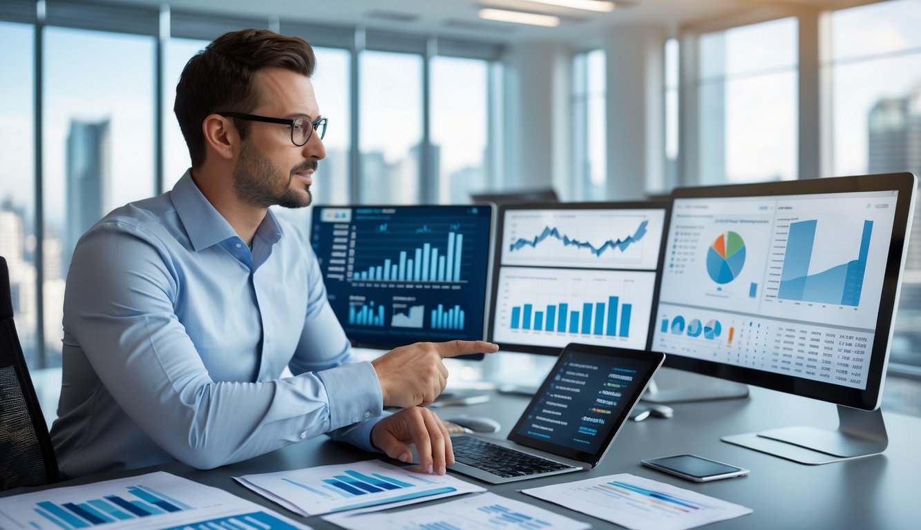 Seorang analis bisnis sedang mempelajari grafik dan data statistik di kantor modern dengan layar komputer dan perangkat digital.