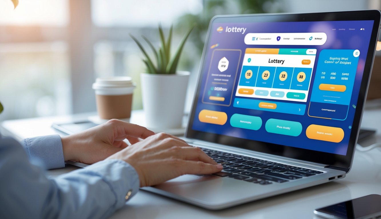 Tangan seseorang menggunakan laptop dengan tampilan antarmuka situs togel online di meja kerja yang rapi.