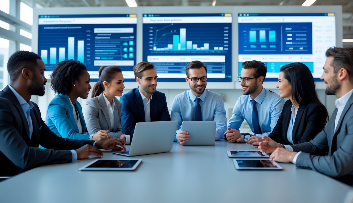 Sekelompok profesional bisnis sedang berdiskusi di ruang konferensi modern dengan layar menampilkan grafik dan data terkait lotere.