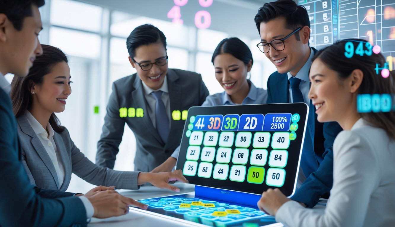 Orang-orang menggunakan layar sentuh digital untuk memilih dan menganalisis angka lotere dalam kategori 4D, 3D, dan 2D di lingkungan kantor yang terang.