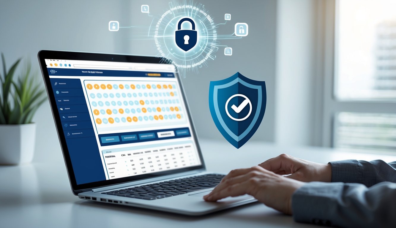 Seseorang menggunakan laptop di meja kerja dengan ikon keamanan digital di latar belakang, menggambarkan konsep judi togel online yang aman dan terpercaya.