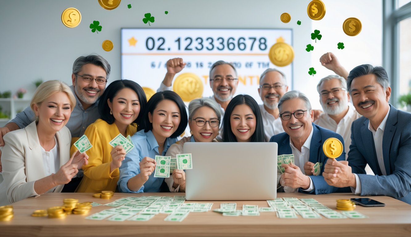 Sekelompok orang bahagia merayakan kemenangan besar togel online di sekitar laptop dan ponsel di ruangan terang.