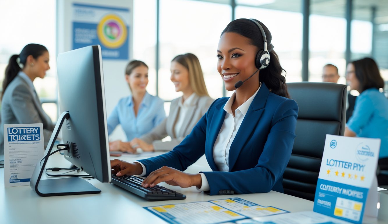 Seorang petugas layanan pelanggan profesional sedang duduk di meja kantor yang rapi dengan komputer, melayani klien dalam lingkungan kantor yang terang dan terorganisir.