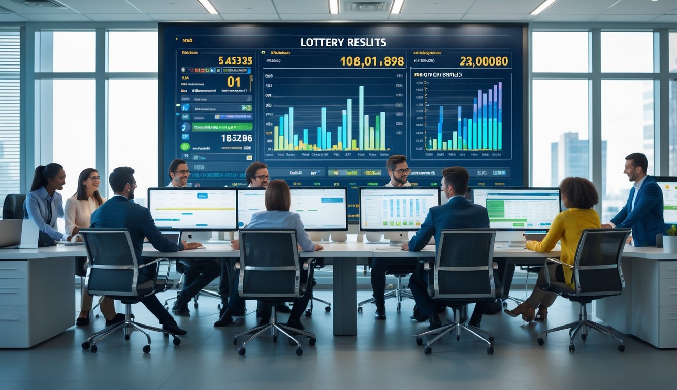 Sebuah kantor modern dengan beberapa orang yang bekerja bersama di depan layar digital besar yang menampilkan hasil lotere secara langsung.