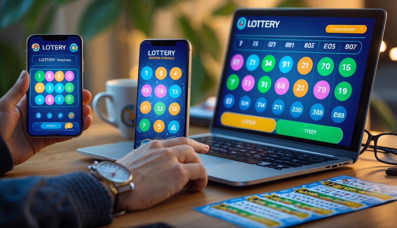 Meja kerja dengan laptop dan smartphone yang menampilkan aplikasi togel online, dilengkapi tiket togel dan cangkir kopi.