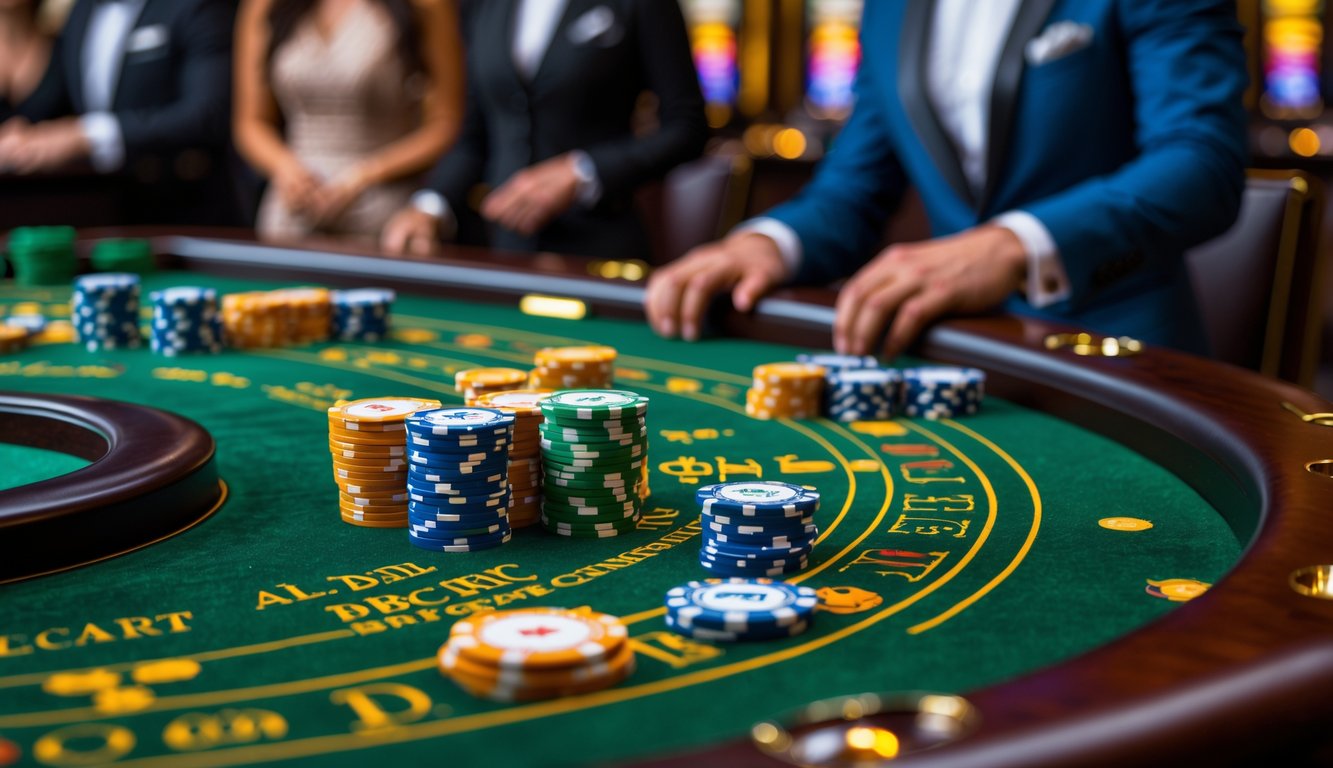 Meja permainan baccarat yang mewah dengan kartu dan chip di kasino yang elegan, dikelilingi oleh pemain dan dealer.