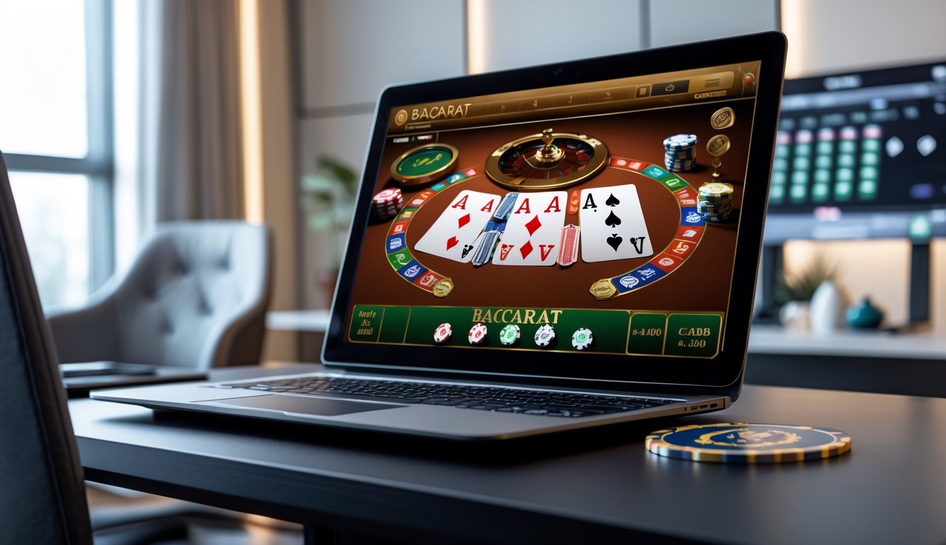 Seorang pemain sedang menggunakan komputer dengan tampilan permainan baccarat online di layar di sebuah ruangan yang rapi dan terang.