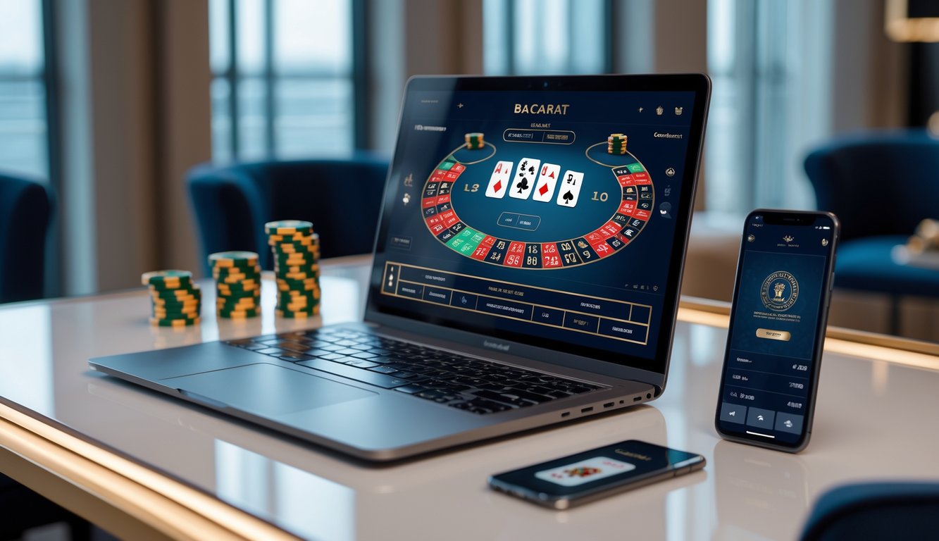 Seseorang bermain permainan baccarat online dengan uang asli menggunakan laptop dan smartphone di meja yang rapi.