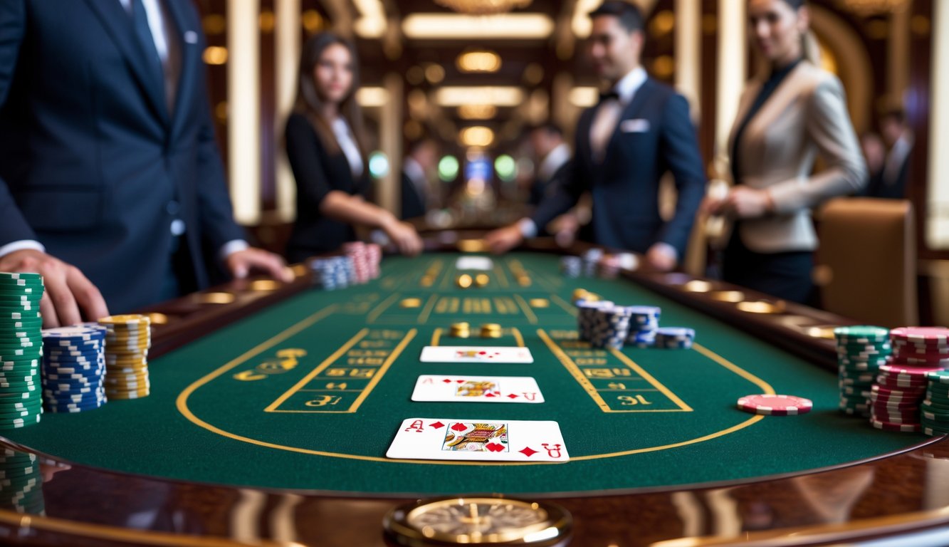 Meja baccarat di kasino dengan kartu dan tumpukan chip, pemain dan dealer di latar belakang.