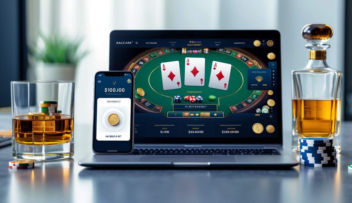 Seseorang menggunakan laptop dan ponsel untuk bermain baccarat online dengan suasana kerja yang rapi dan modern.