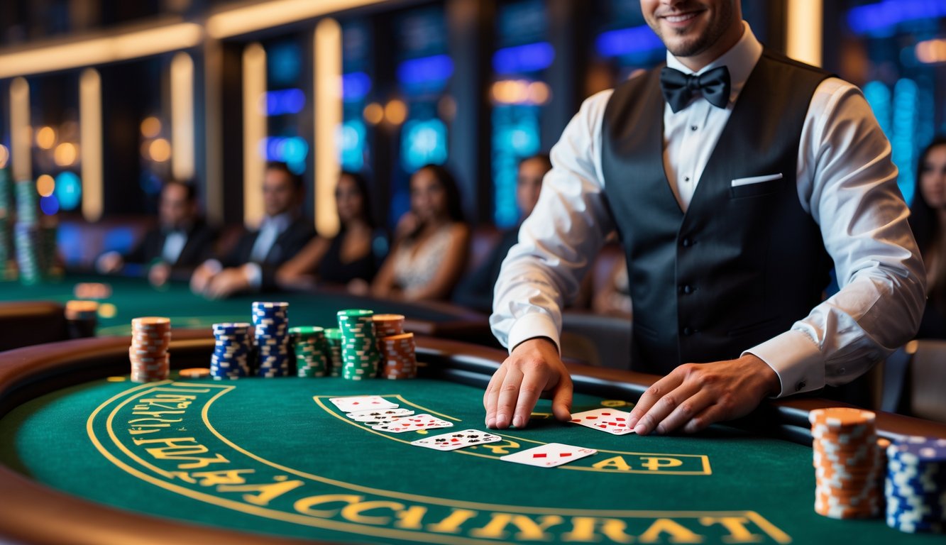 Meja baccarat mewah dengan dealer yang sedang membagikan kartu di kasino modern.