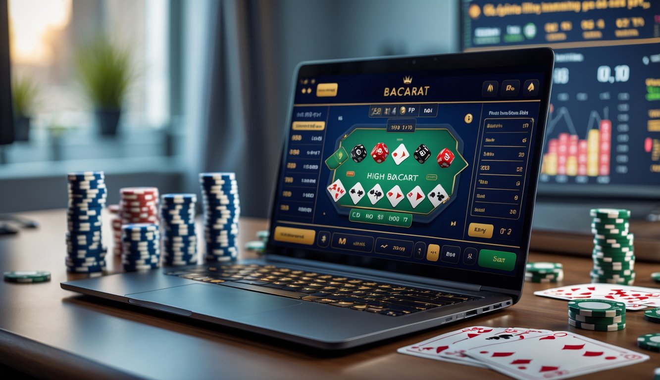 Sebuah laptop di meja kayu dengan tampilan permainan baccarat online, dikelilingi chip poker dan kartu remi, di dalam ruangan dengan pencahayaan hangat.