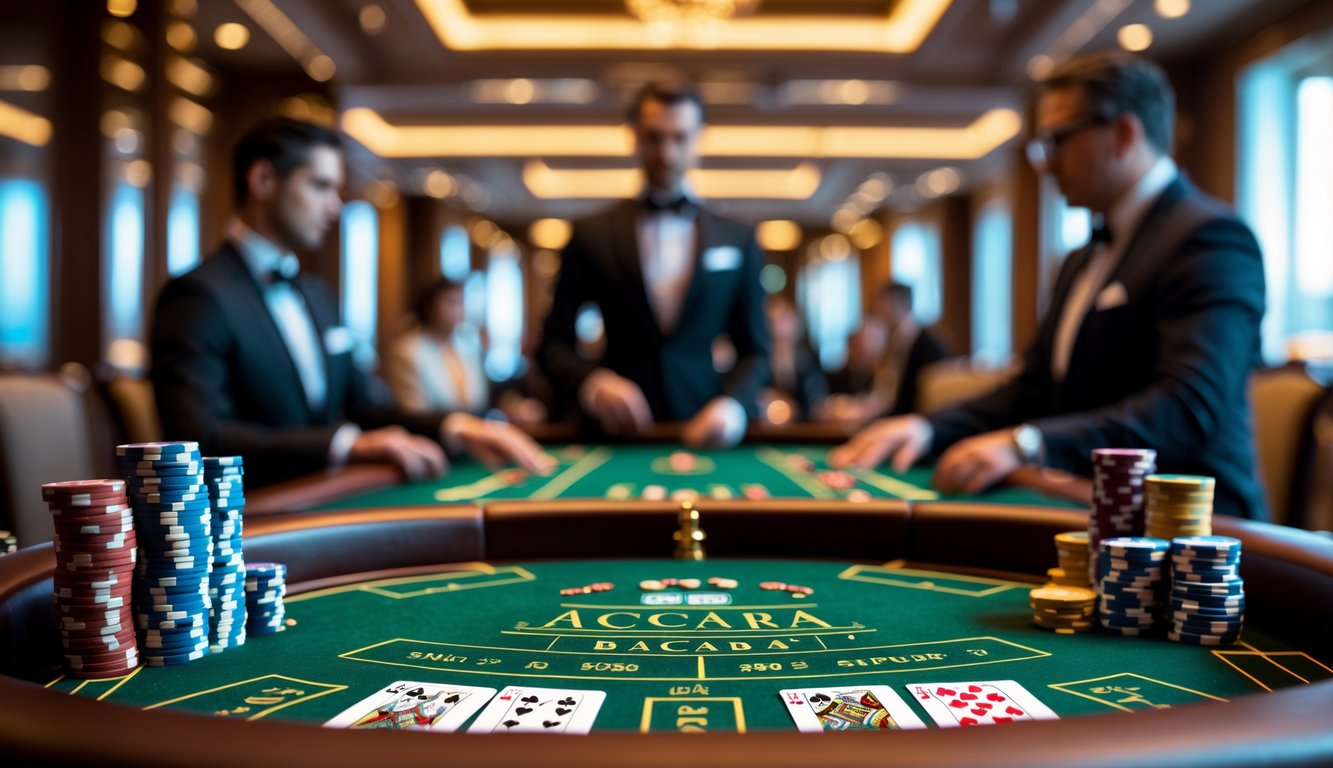 Meja baccarat di kasino dengan kartu dan chip, pemain dan dealer sedang bermain.