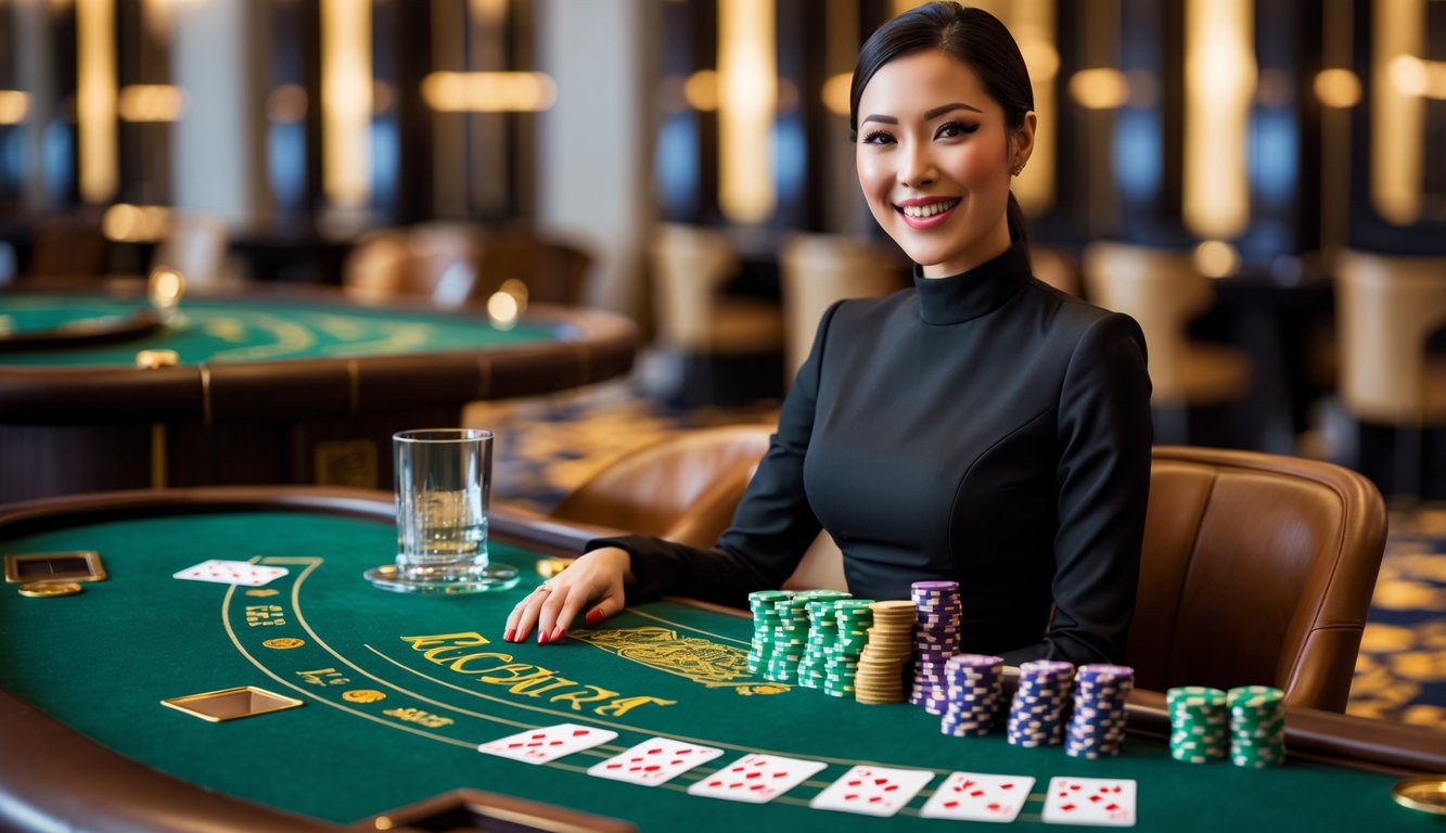 Seorang dealer wanita duduk di meja baccarat dengan kartu dan chip, di latar belakang suasana kasino yang elegan.