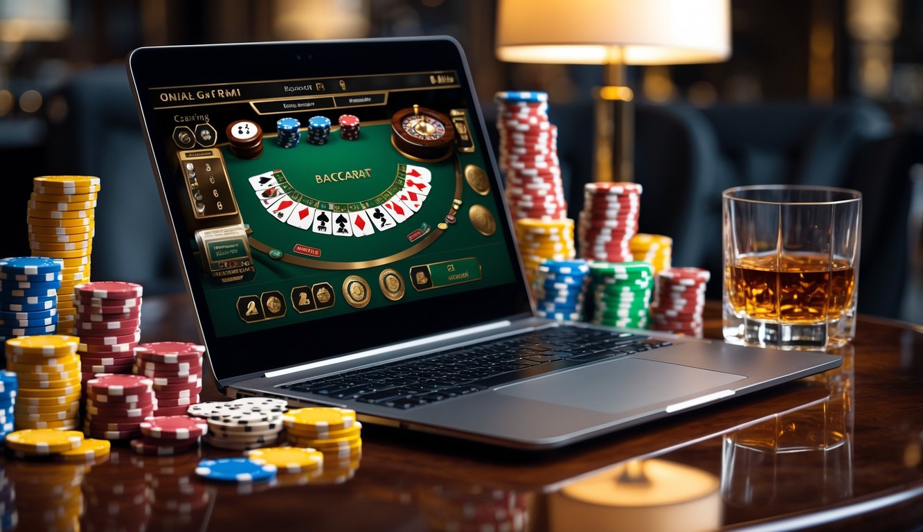 Seorang pemain sedang menggunakan laptop dengan permainan baccarat online dan tumpukan chip kasino di atas meja kayu.