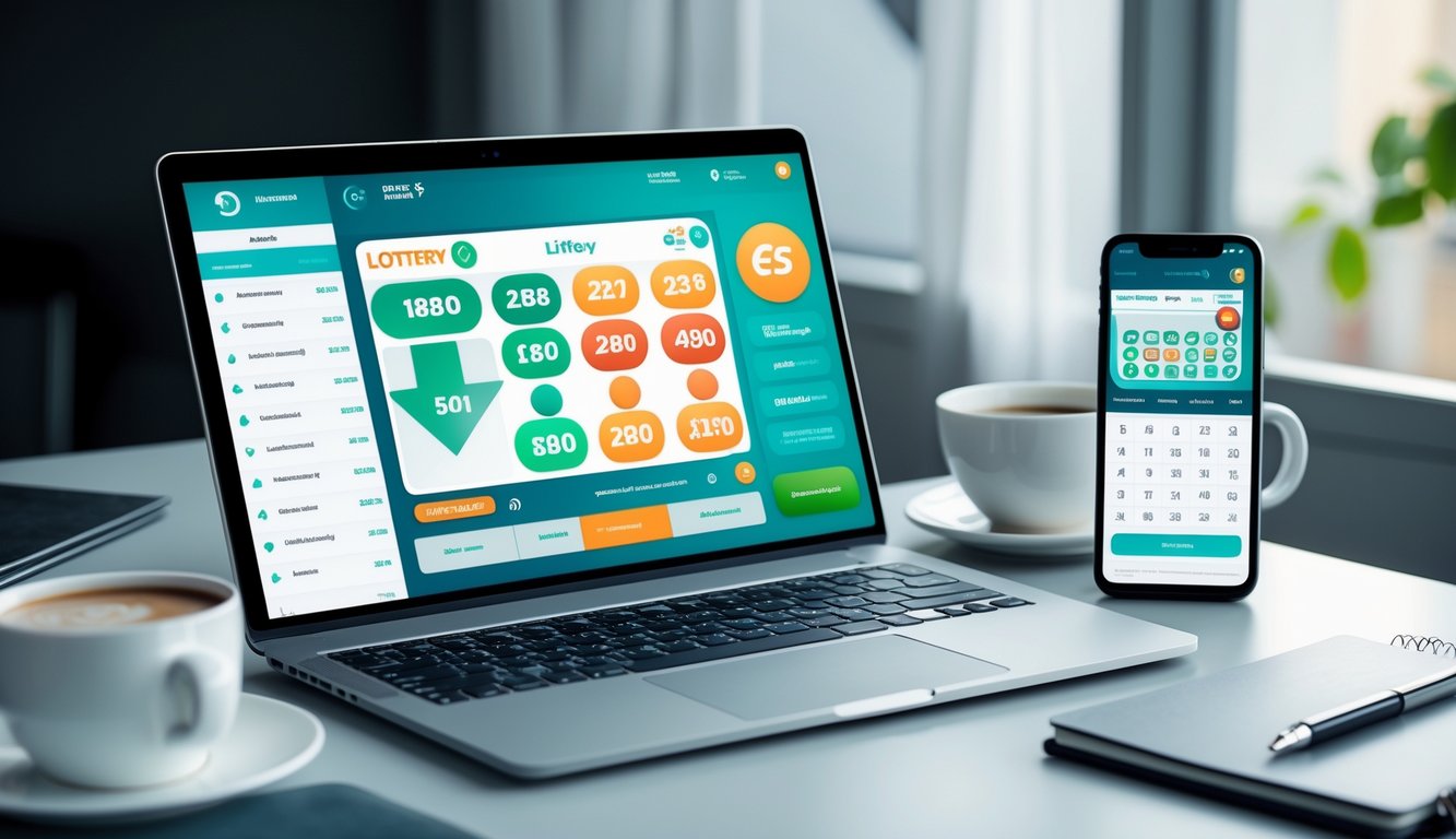 Sebuah ruang kerja modern dengan laptop dan ponsel yang menampilkan antarmuka lotere online, dikelilingi oleh alat tulis dan secangkir kopi.
