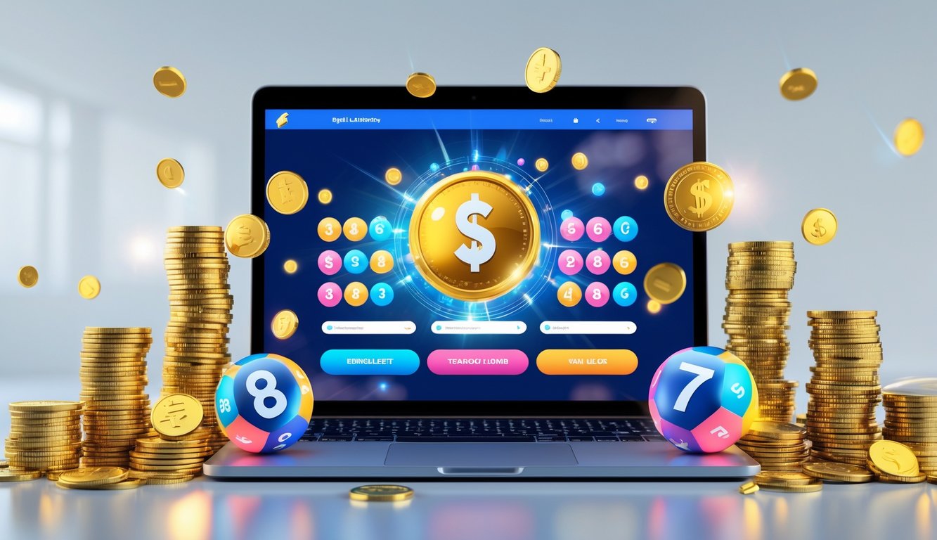 Sebuah perangkat digital menampilkan platform togel online dengan koin emas, tumpukan uang, dan bola togel berkilau di sekitarnya.