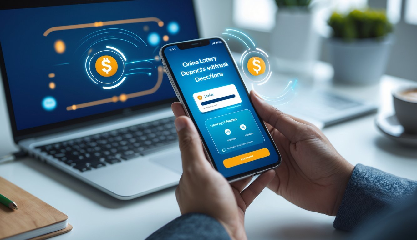 Tangan seseorang memegang ponsel dengan tampilan aplikasi pembayaran digital di atas meja kerja yang rapi.