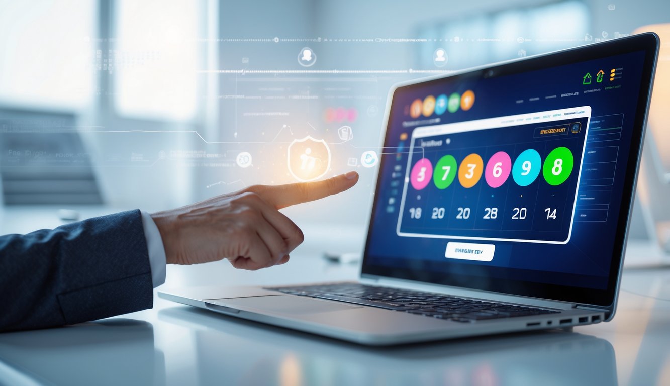 Seseorang menggunakan laptop di meja kerja dengan tampilan situs lotere online yang aman dan cepat.