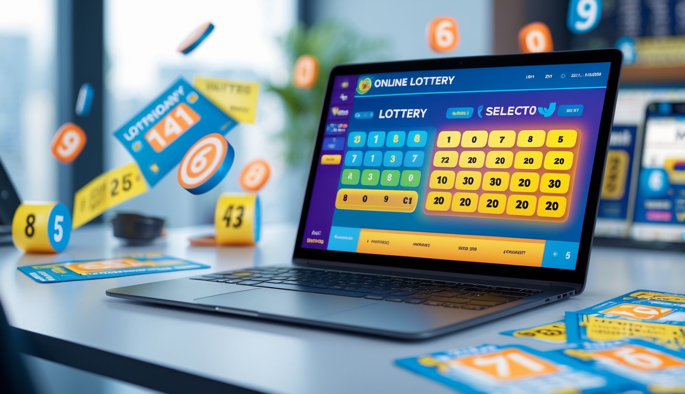 Sebuah ruang kerja modern dengan laptop dan ponsel yang menampilkan antarmuka lotere online, dikelilingi oleh tiket lotere dan angka digital.