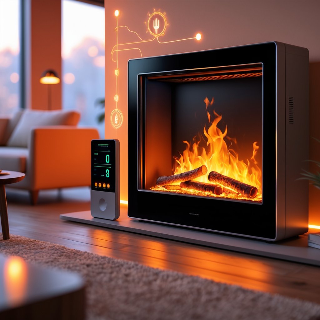 A modern electric fireplace glowing in a cozy living room with a digital energy meter showing electricity usage nearby.