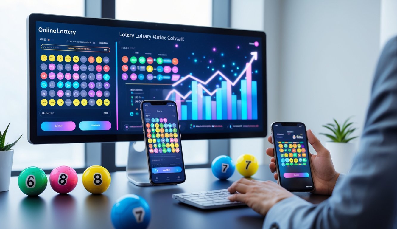 Sebuah meja kerja dengan komputer dan ponsel menampilkan hasil togel online dengan bola togel di sekitarnya.