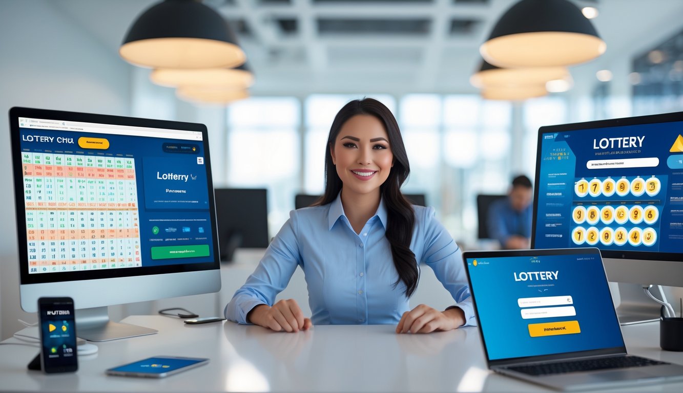Seorang agen layanan pelanggan duduk di meja dengan beberapa monitor komputer menampilkan angka togel, di ruang kantor yang terang dan rapi.