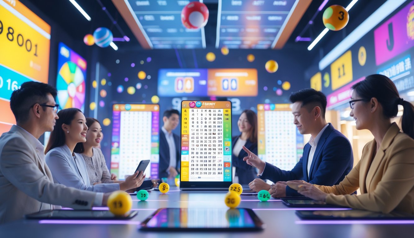 Orang-orang berkumpul di sekitar layar digital yang menampilkan angka lotere dalam suasana yang cerah dan modern.